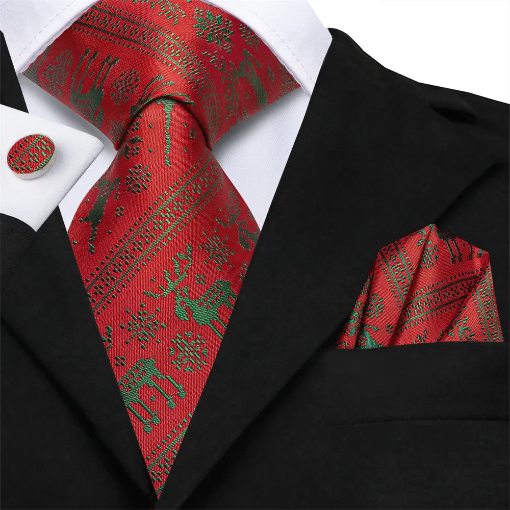 Hi-Tie Red Green Striped Deer Snow Christmas Designer Silk Necktie Set