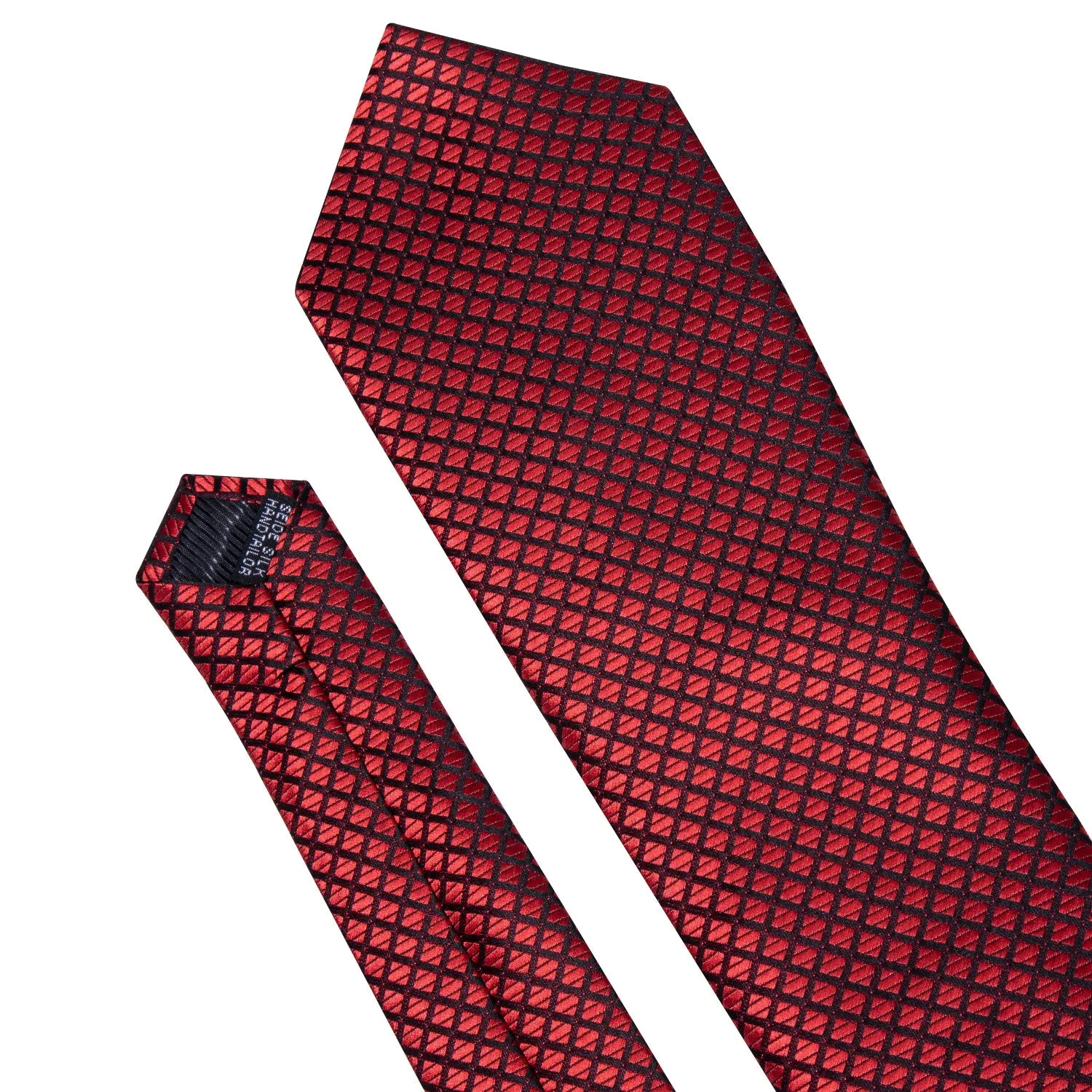 Hi-Tie Red Necktie Black Red Plaid Necktie Pocket Square Cufflinks Set