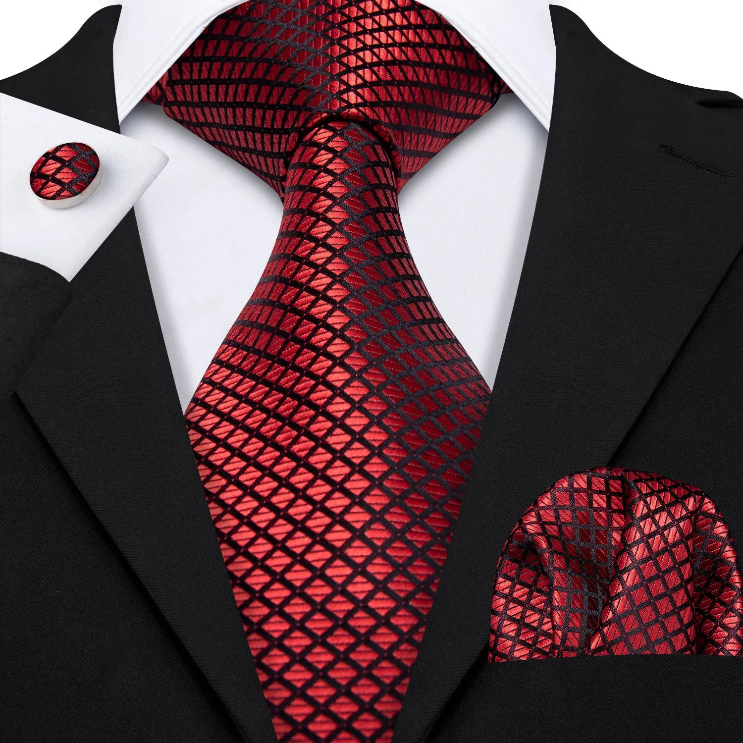 Hi-Tie Red Necktie Black Red Plaid Necktie Pocket Square Cufflinks Set