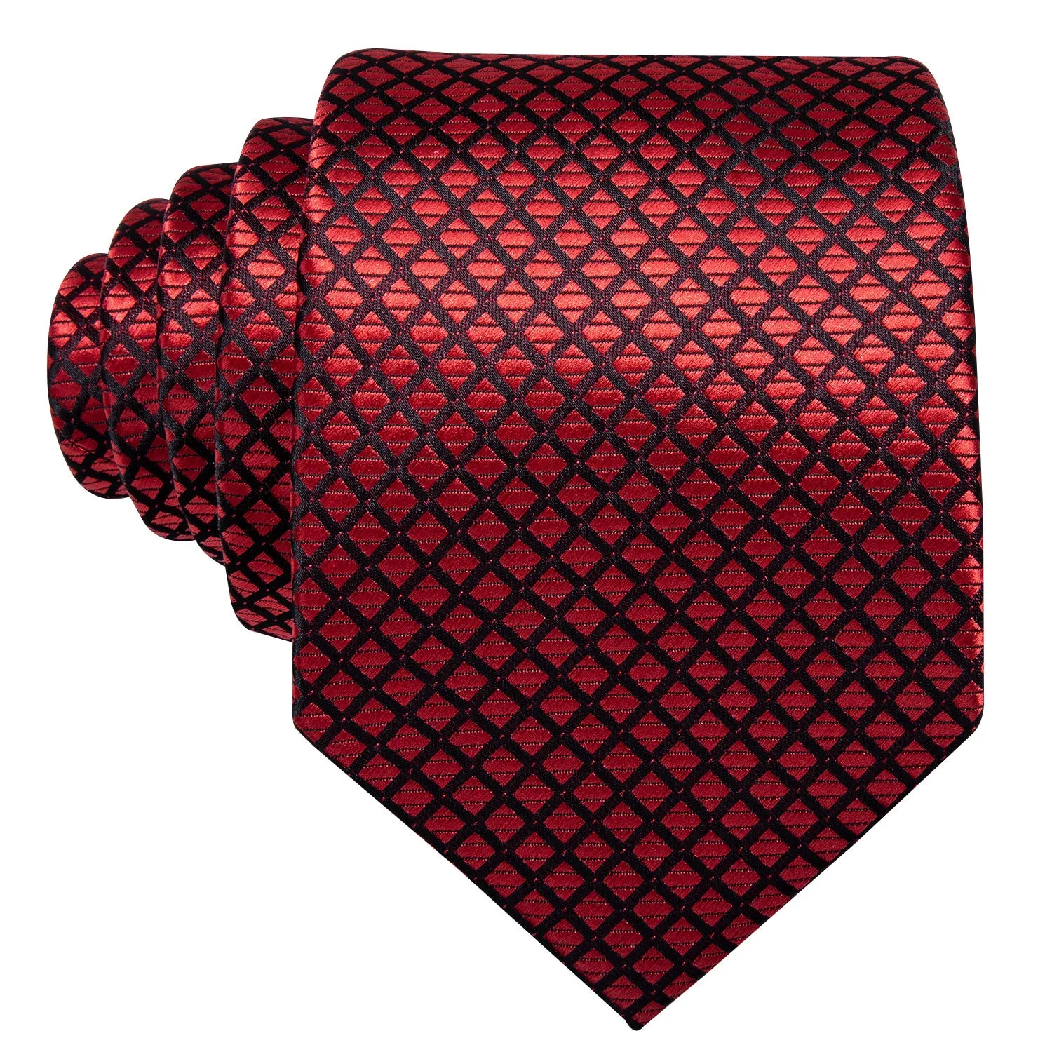 Hi-Tie Red Necktie Black Red Plaid Necktie Pocket Square Cufflinks Set