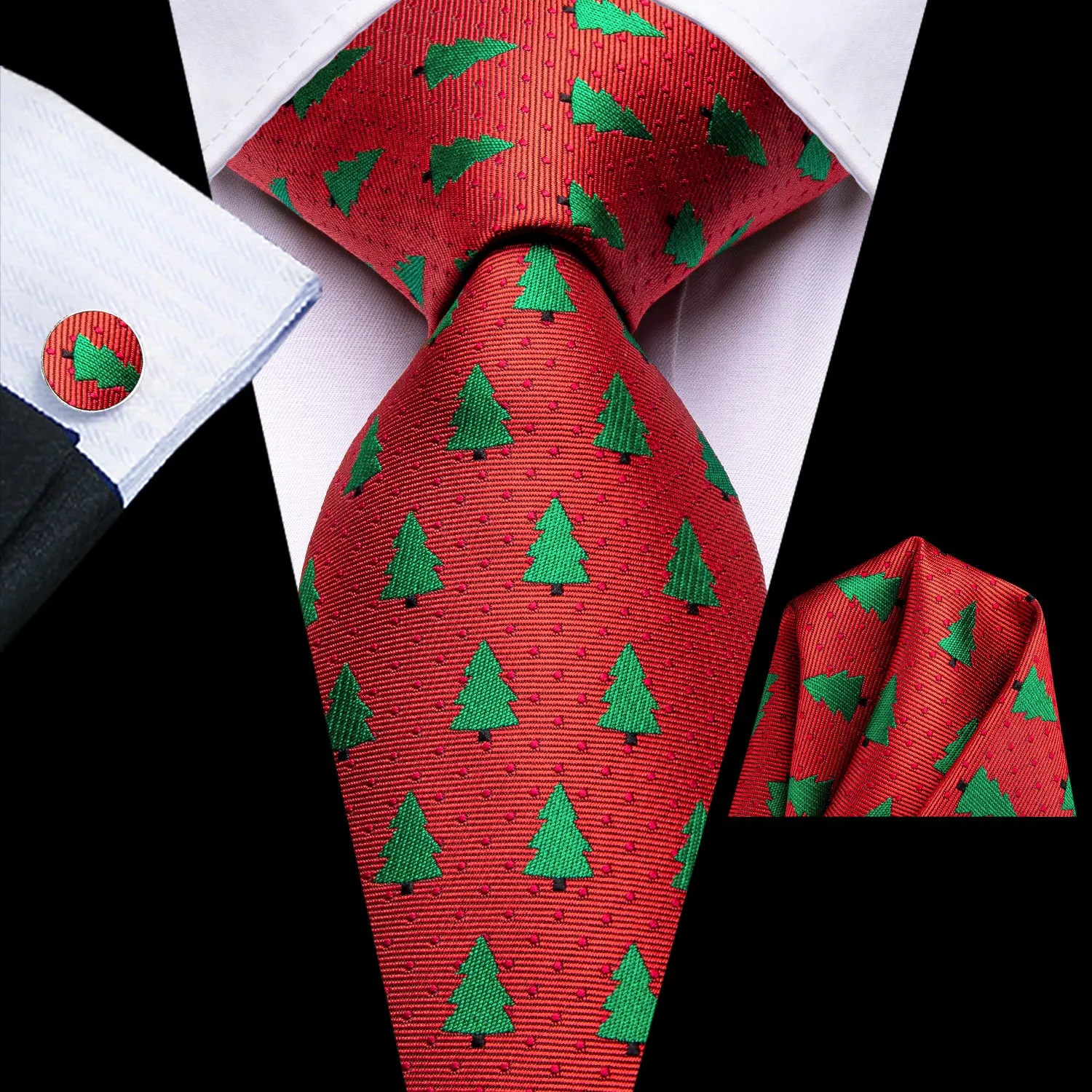 Hi-Tie Red Necktie Green Pines Tie Pocket Square Cufflinks Set