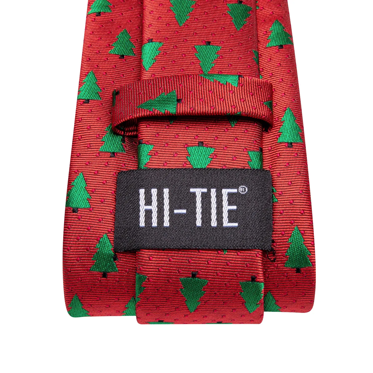 Hi-Tie Red Necktie Green Pines Tie Pocket Square Cufflinks Set