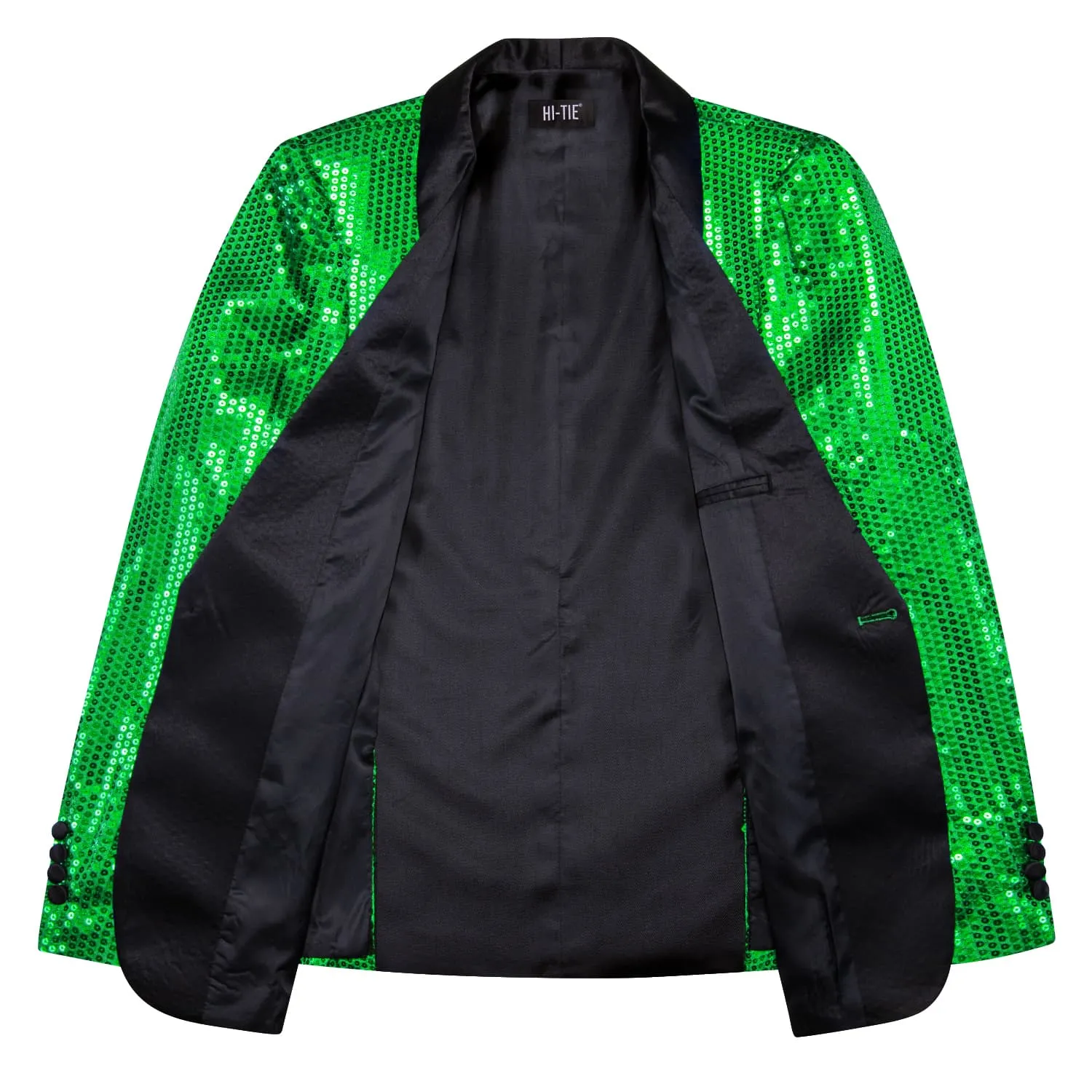 Hi-Tie Sequin Blazer Black Shawl Collar Green Solid Suit Tie Set