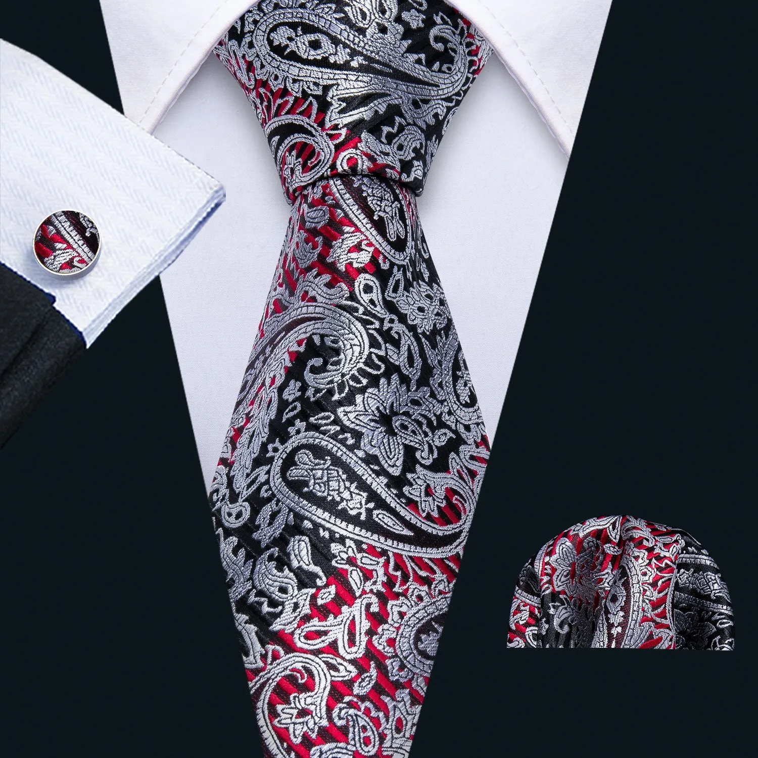 Hi-Tie Silver Black Paisley Silk Men's Tie Pocket Square Cufflinks Set