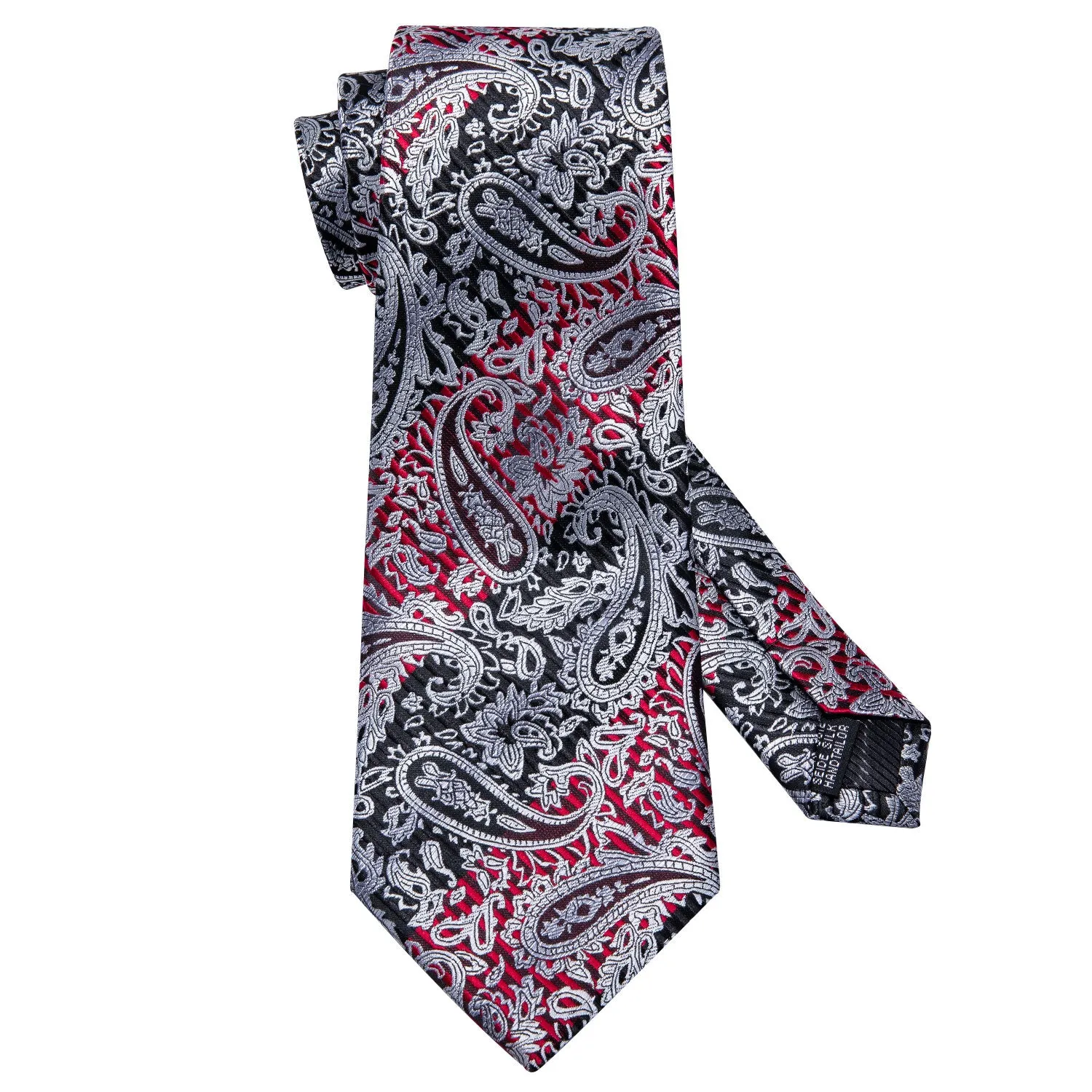 Hi-Tie Silver Black Paisley Silk Men's Tie Pocket Square Cufflinks Set