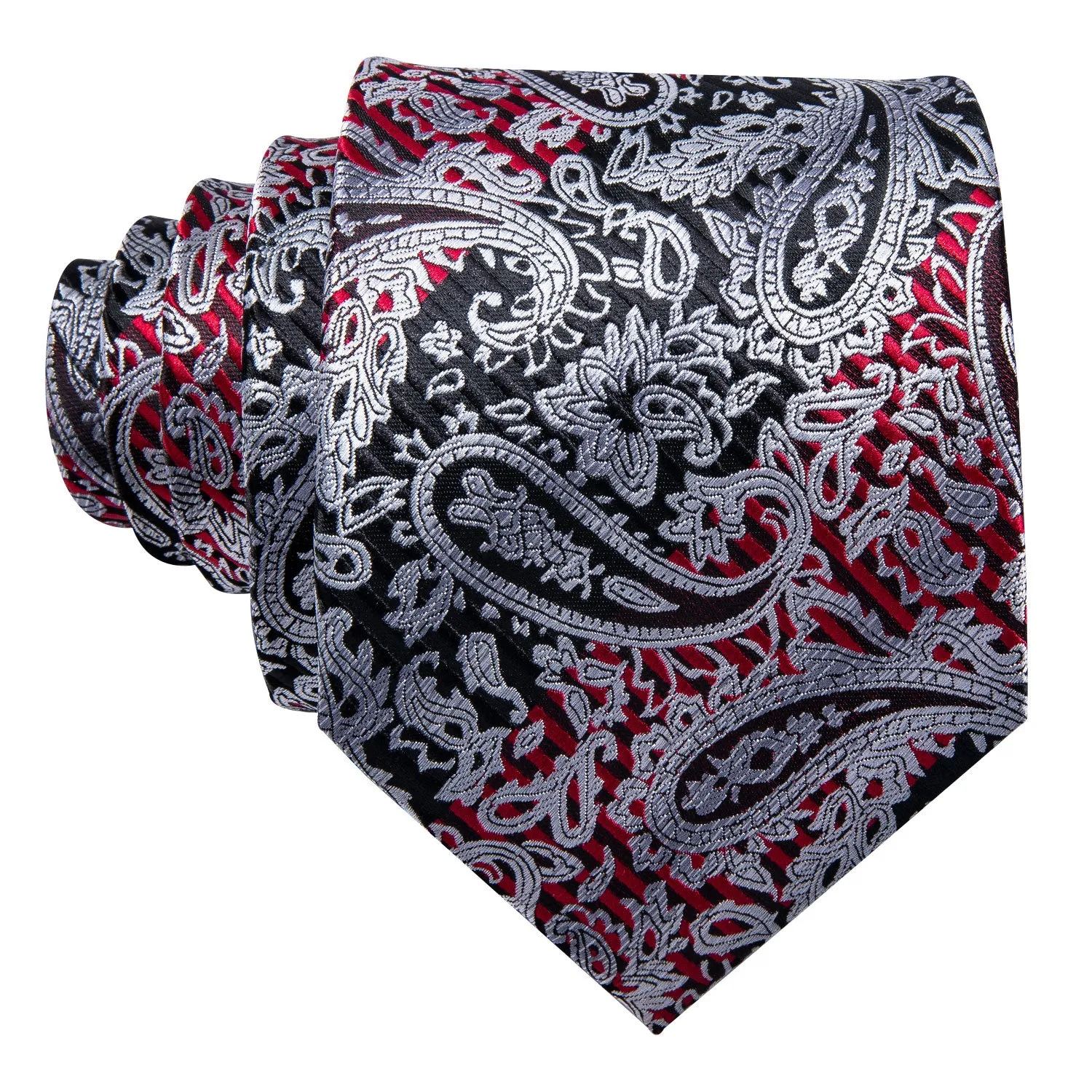 Hi-Tie Silver Black Paisley Silk Men's Tie Pocket Square Cufflinks Set