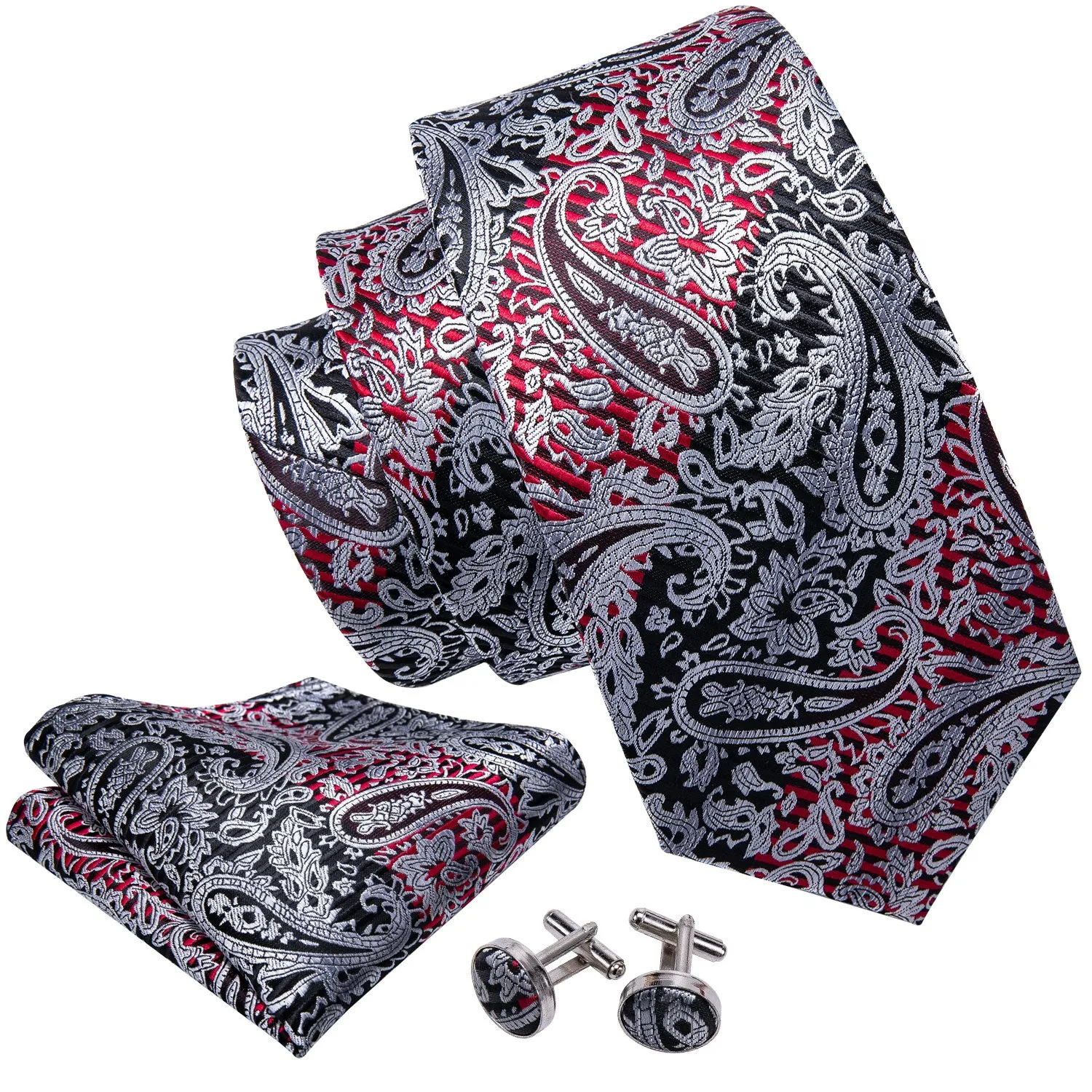 Hi-Tie Silver Black Paisley Silk Men's Tie Pocket Square Cufflinks Set