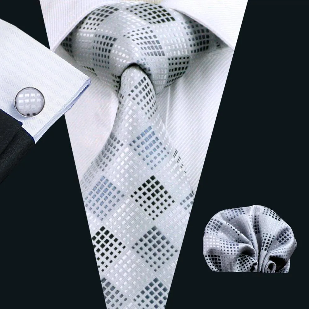 Hi-Tie Silver White Plaid Silk Men's Tie Pocket Square Cufflinks Set