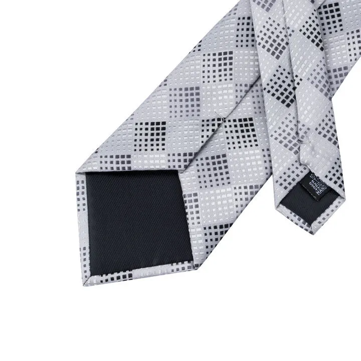 Hi-Tie Silver White Plaid Silk Men's Tie Pocket Square Cufflinks Set