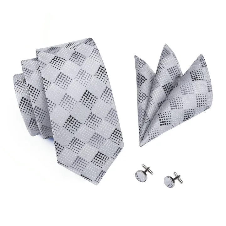 Hi-Tie Silver White Plaid Silk Men's Tie Pocket Square Cufflinks Set