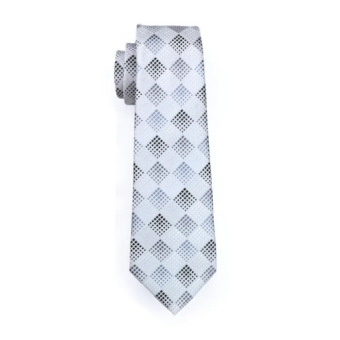 Hi-Tie Silver White Plaid Silk Men's Tie Pocket Square Cufflinks Set