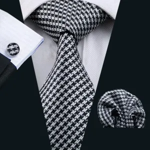 Hi-Tie White Black Plaid 63 Inches Extra Long Tie Hanky Cufflinks Set