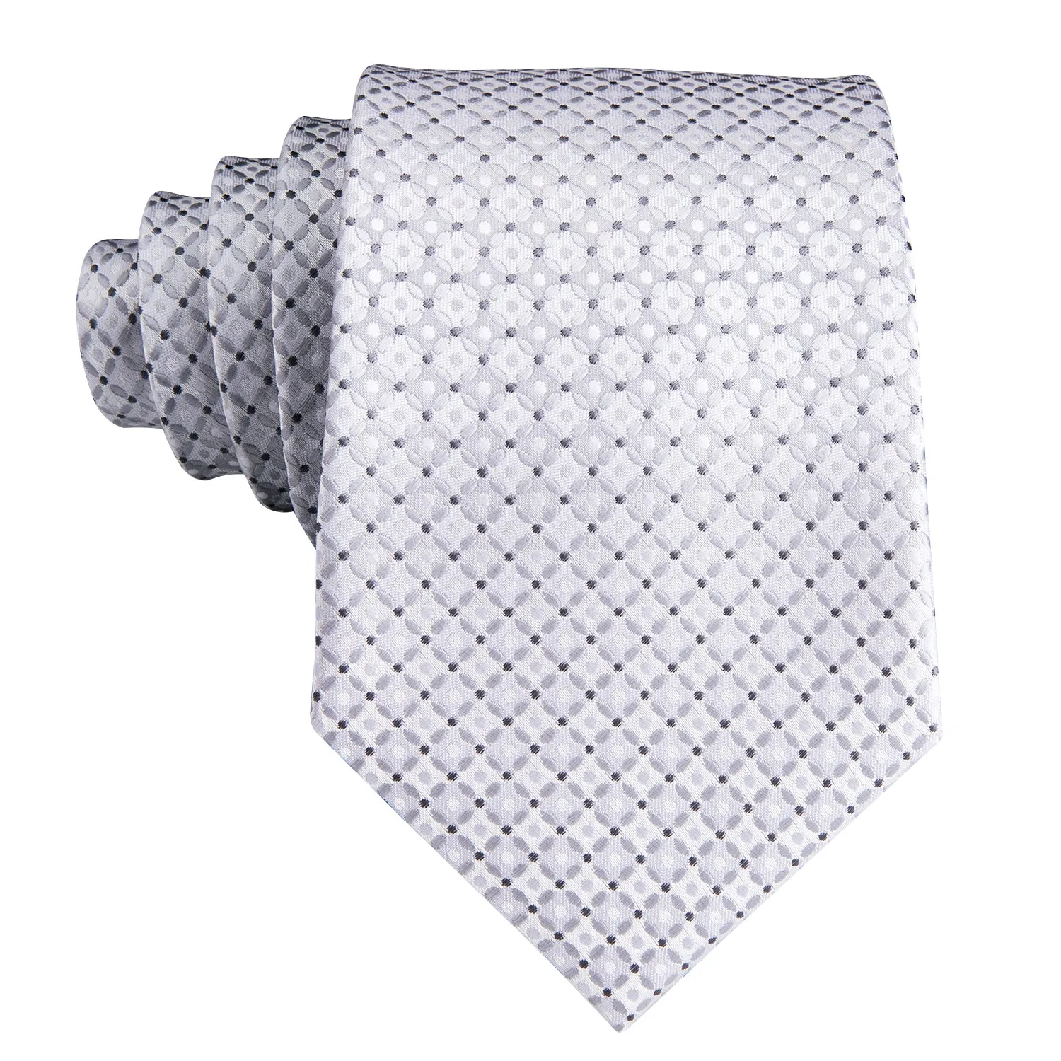 Hi-Tie White Necktie Silver Plaid Dot Tie Pocket Square Cufflinks Set