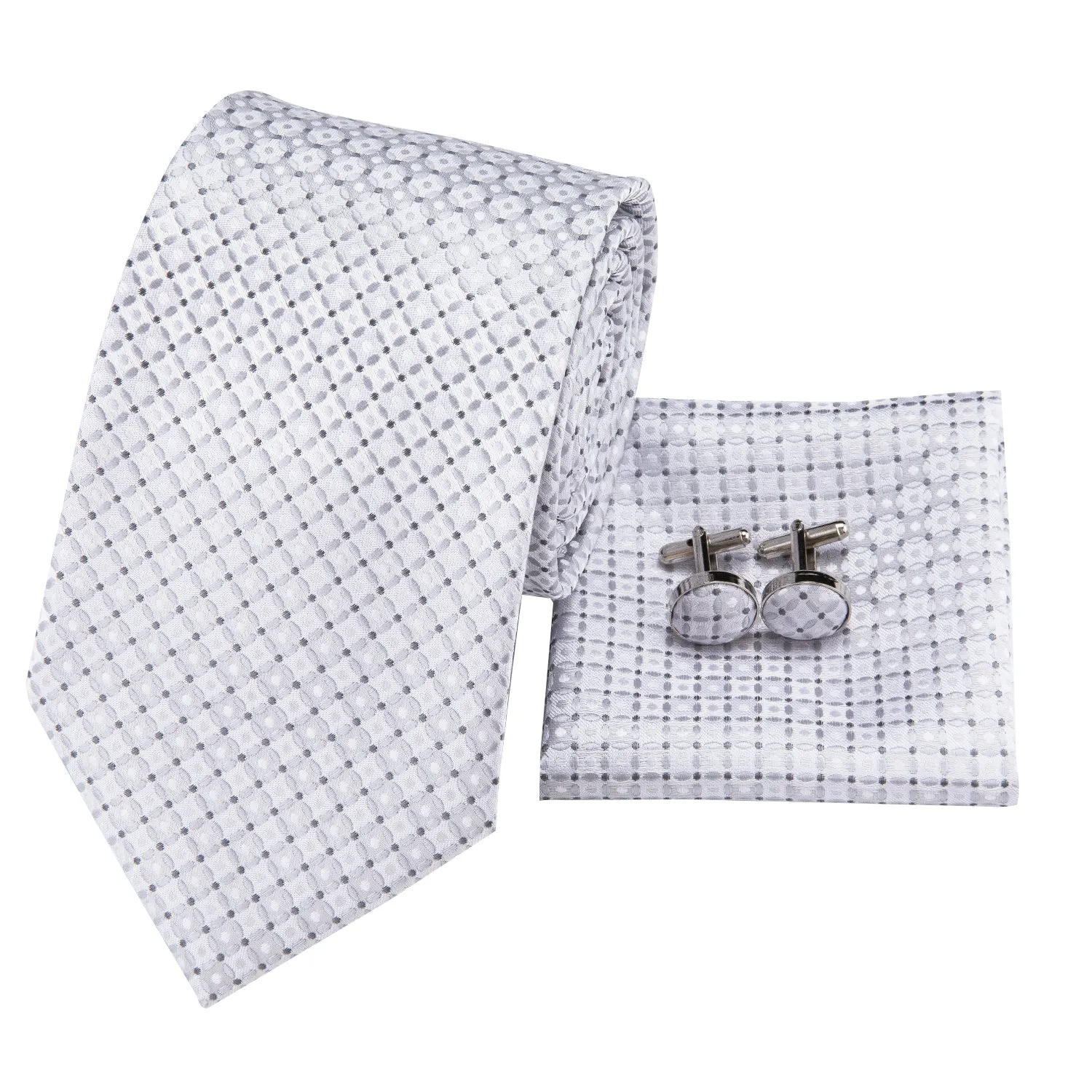 Hi-Tie White Necktie Silver Plaid Dot Tie Pocket Square Cufflinks Set