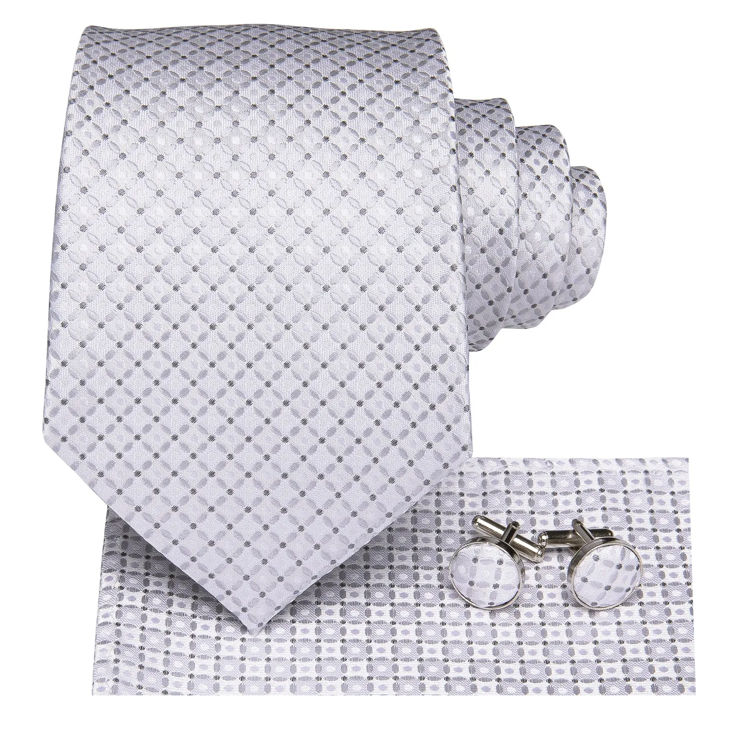 Hi-Tie White Necktie Silver Plaid Dot Tie Pocket Square Cufflinks Set