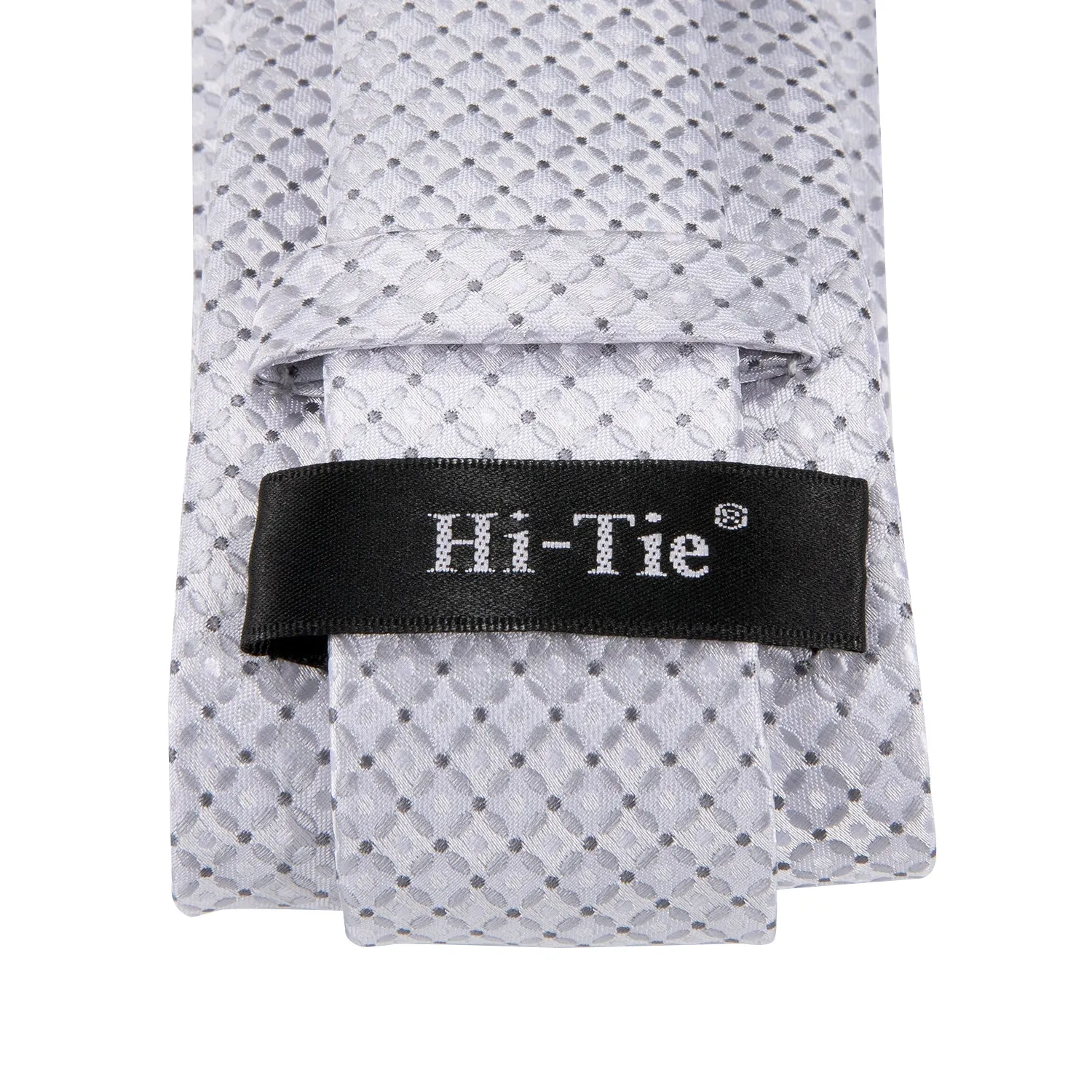 Hi-Tie White Necktie Silver Plaid Dot Tie Pocket Square Cufflinks Set