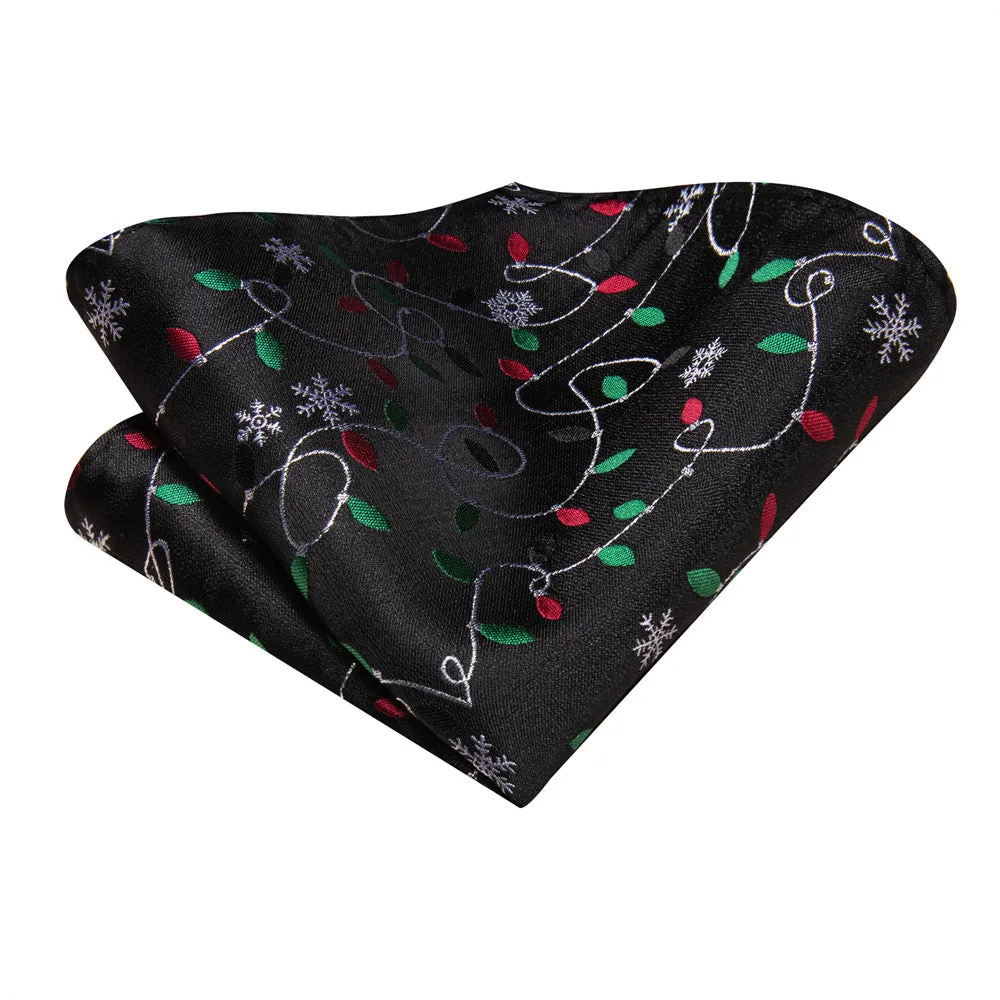 Hi-Tie White Snow Colored Lights Black Christmas Necktie Set