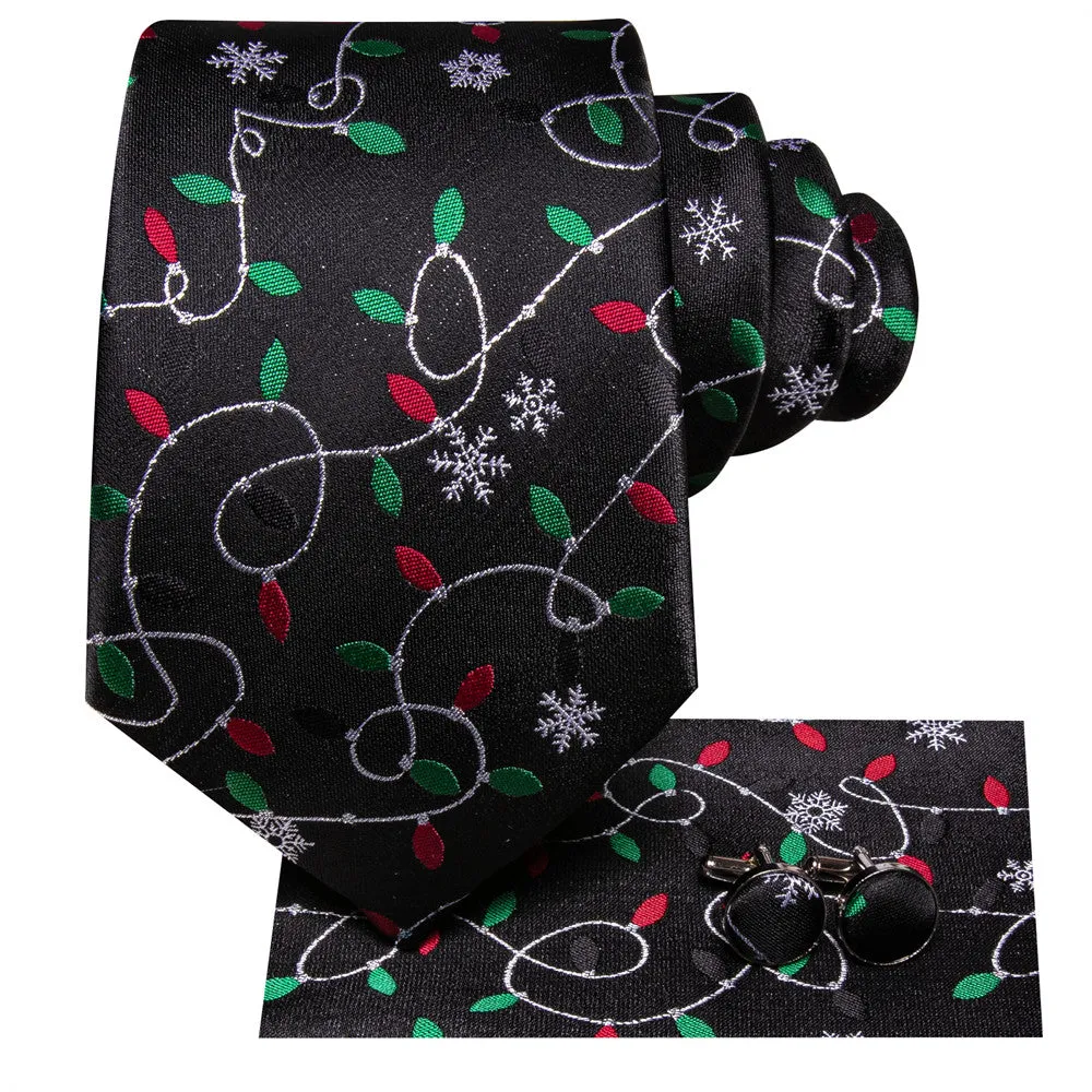 Hi-Tie White Snow Colored Lights Black Christmas Necktie Set