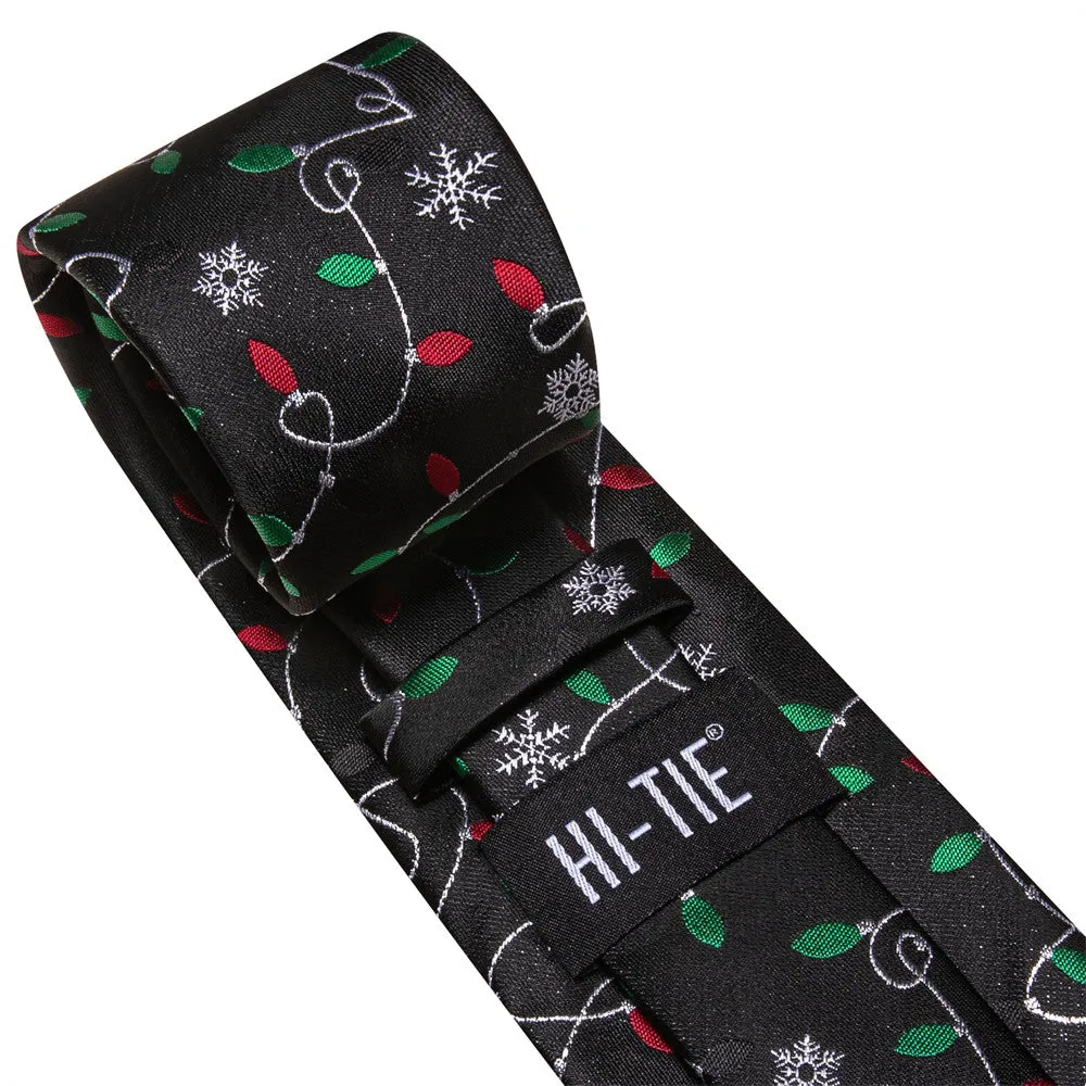 Hi-Tie White Snow Colored Lights Black Christmas Necktie Set