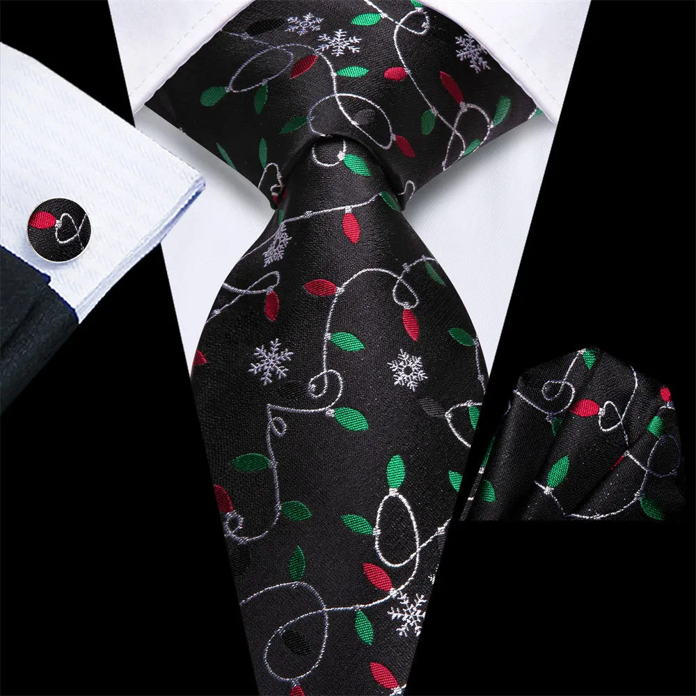 Hi-Tie White Snow Colored Lights Black Christmas Necktie Set