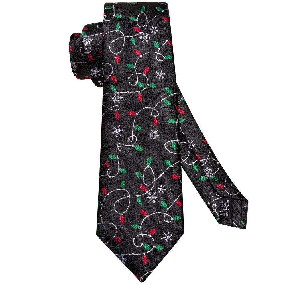 Hi-Tie White Snow Colored Lights Black Christmas Necktie Set