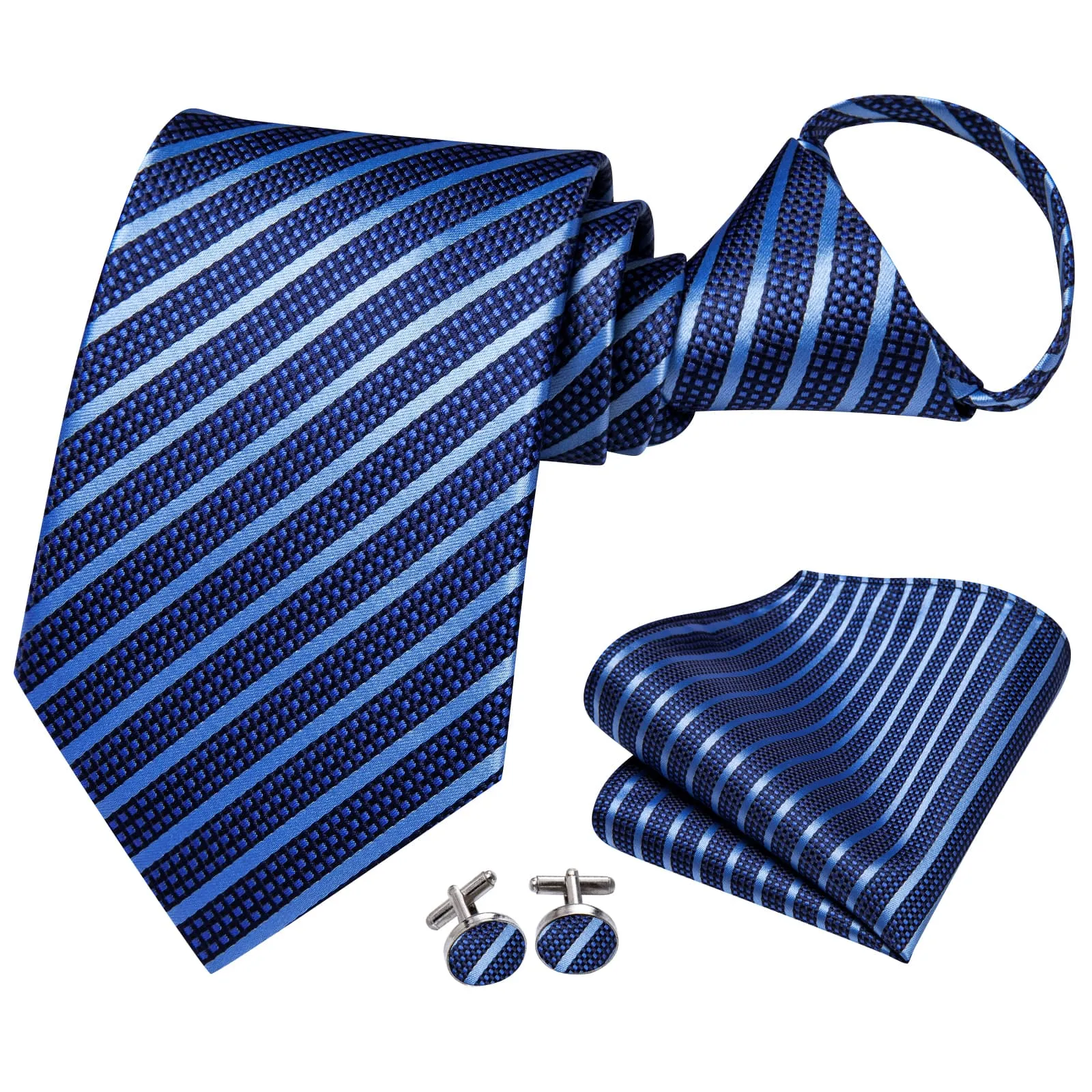 Hi-Tie Zipper Necktie Royal Blue Ties Sky Blue Stripes Men's Tie Set