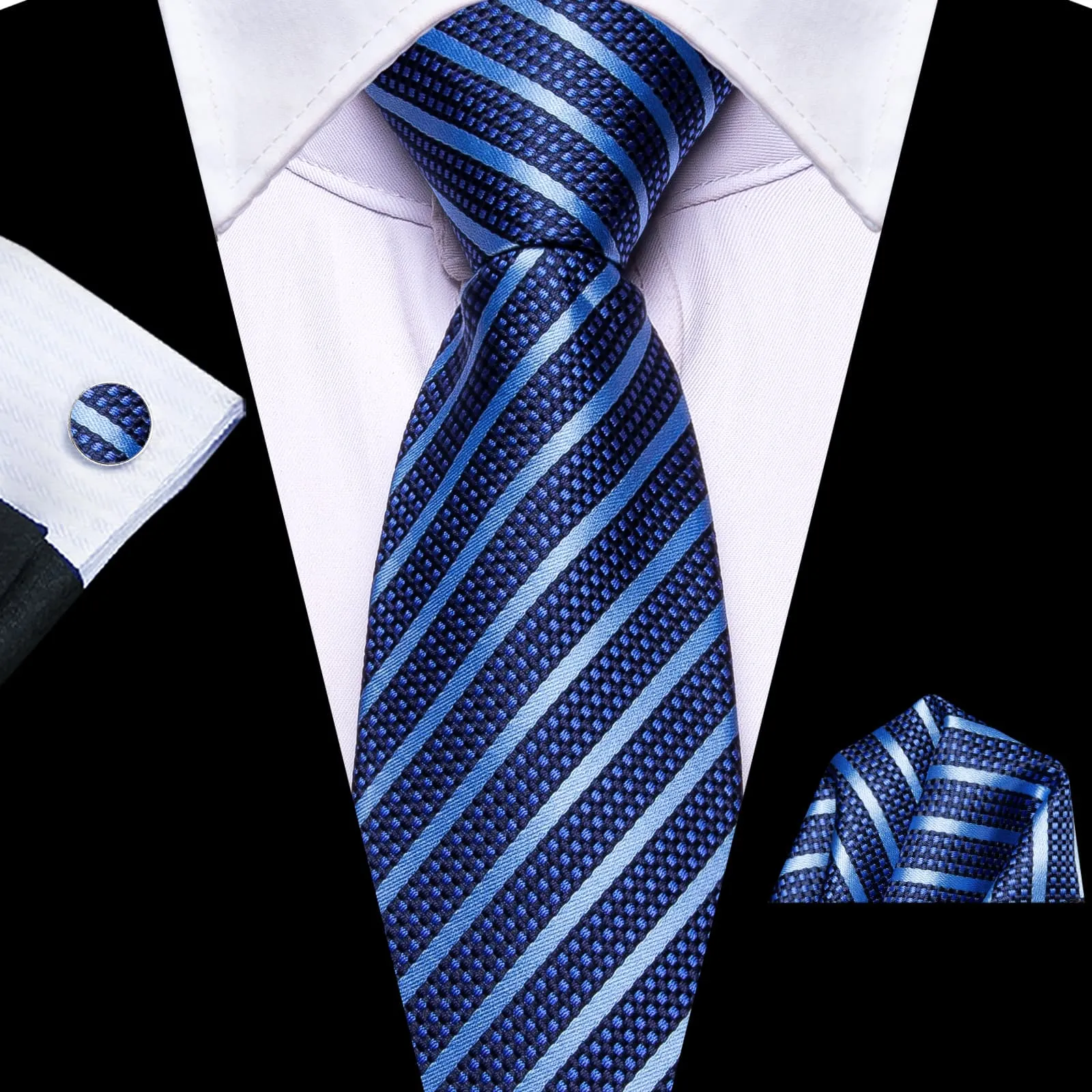 Hi-Tie Zipper Necktie Royal Blue Ties Sky Blue Stripes Men's Tie Set