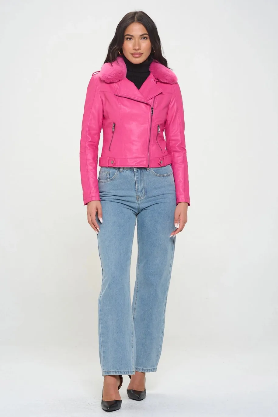 Hot Pink Motorcycle Jacket with Faux Fur Collar