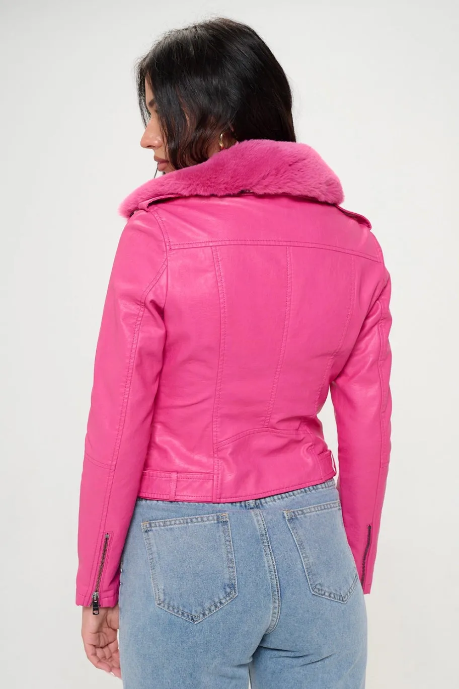 Hot Pink Motorcycle Jacket with Faux Fur Collar