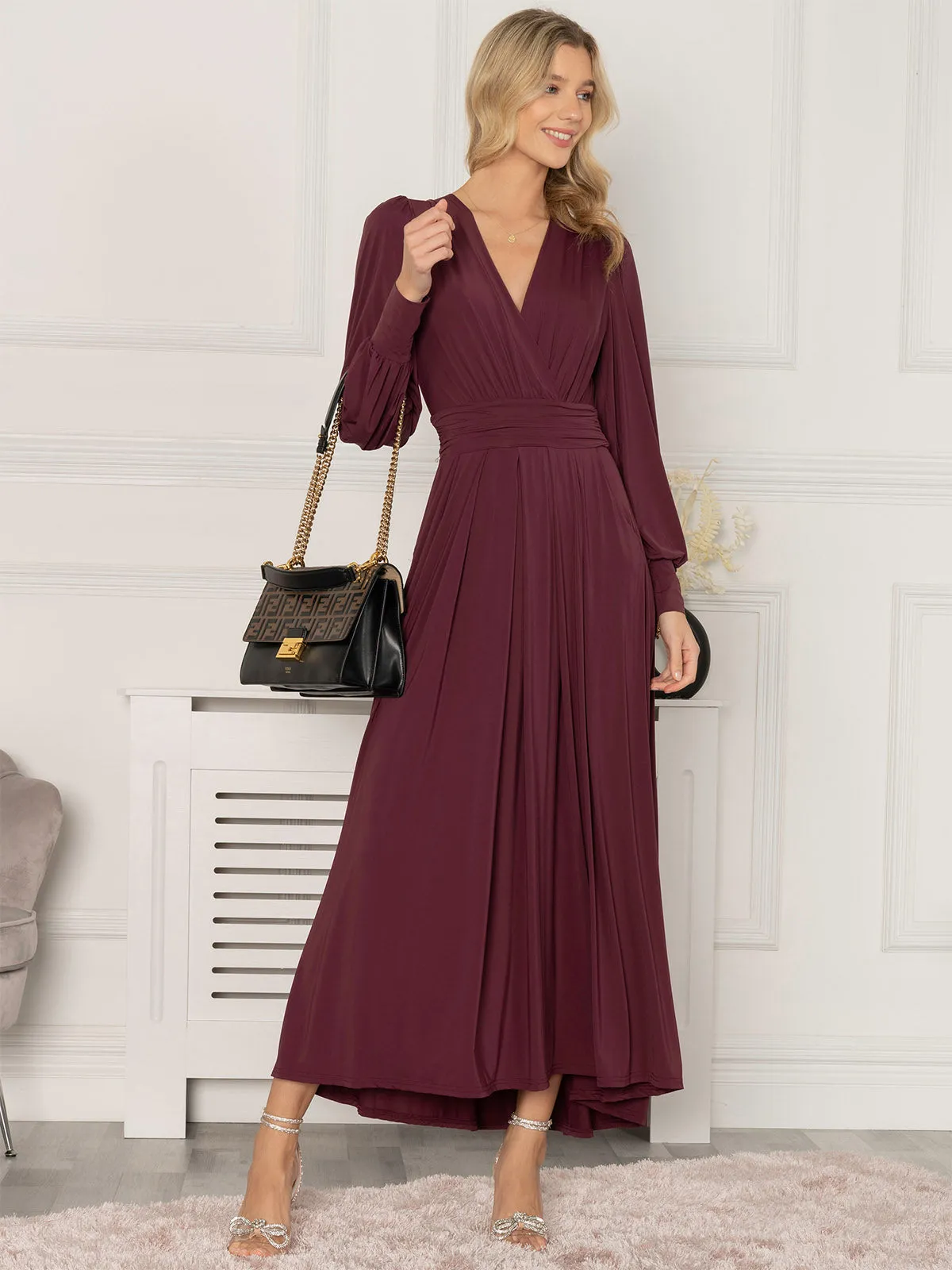 Jolie Moi Callisto Long Sleeve Maxi Dress, Burgundy