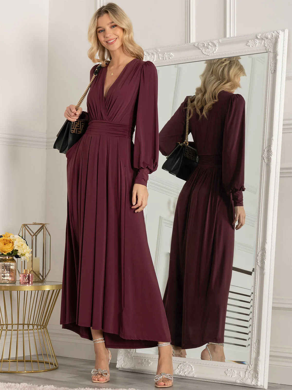 Jolie Moi Callisto Long Sleeve Maxi Dress, Burgundy