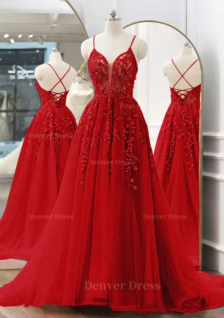 kamahe A-line V Neck Spaghetti Straps Sweep Train Tulle Prom Dress With Appliqued Beading