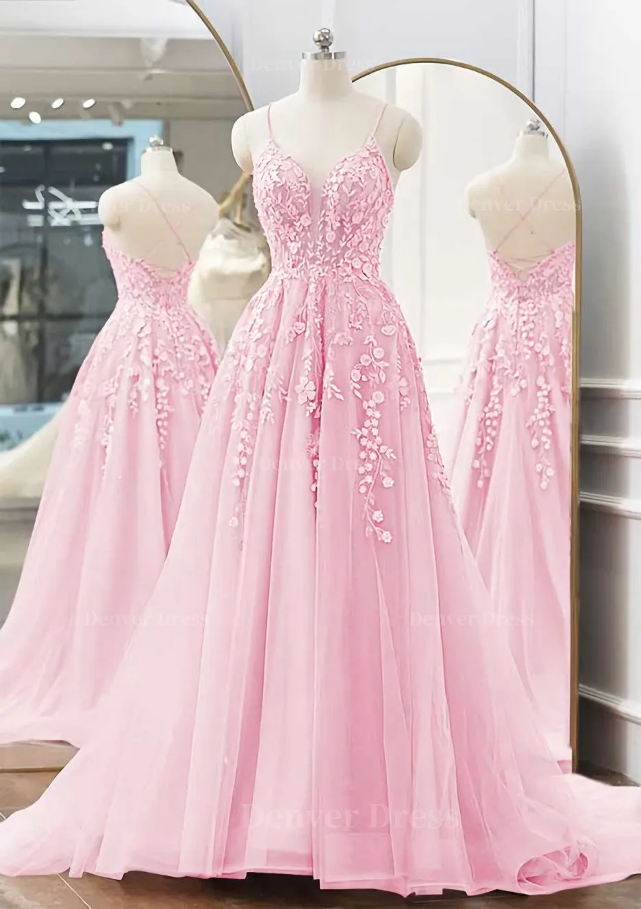 kamahe A-line V Neck Spaghetti Straps Sweep Train Tulle Prom Dress With Appliqued Beading