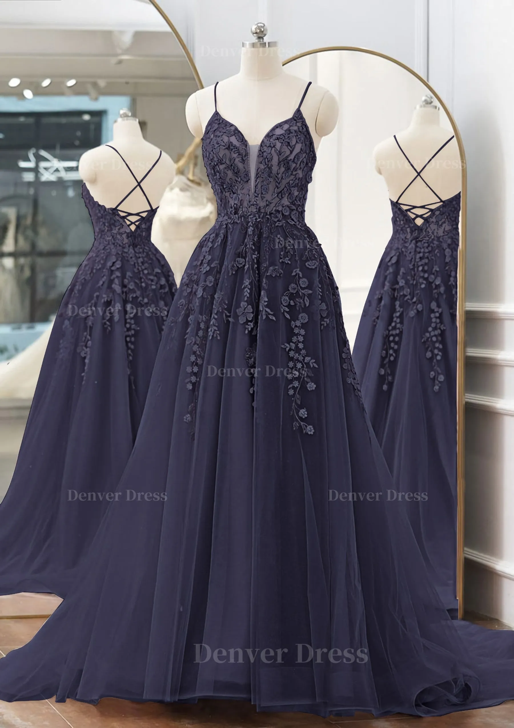 kamahe A-line V Neck Spaghetti Straps Sweep Train Tulle Prom Dress With Appliqued Beading