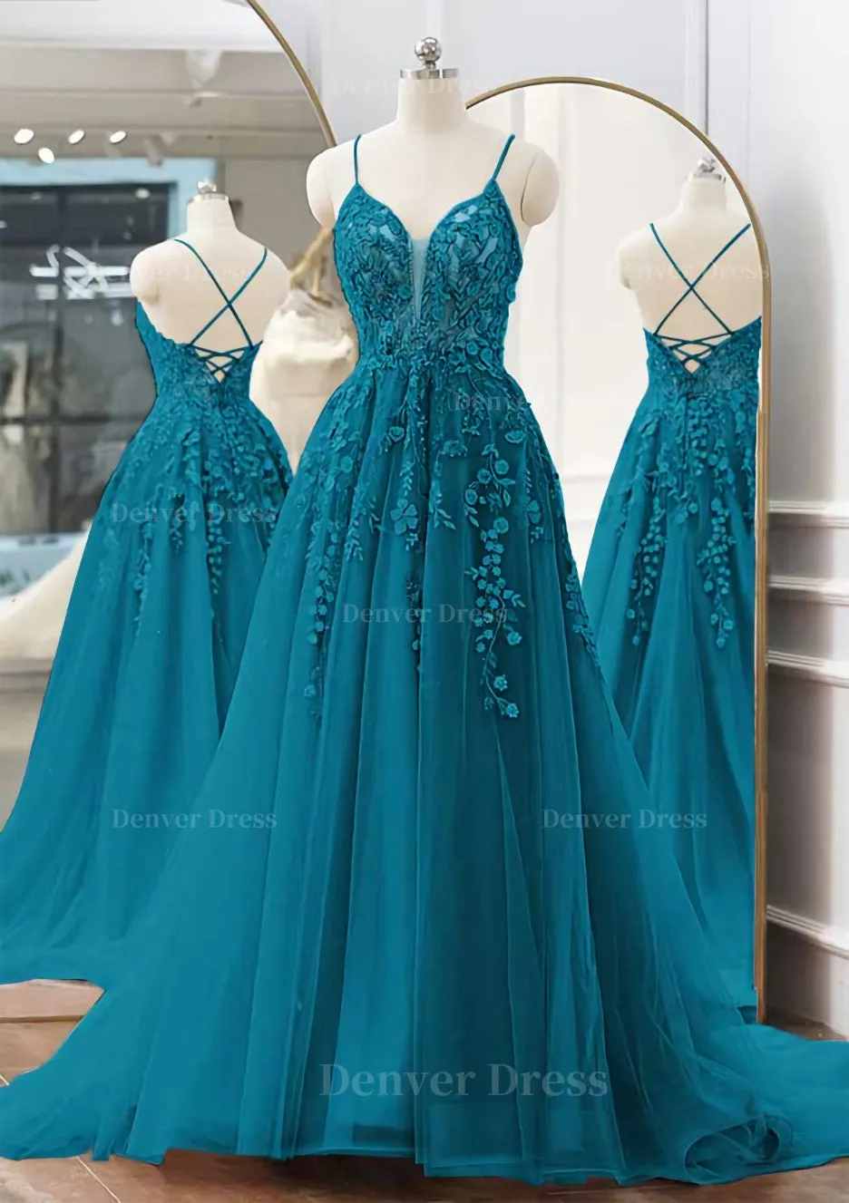 kamahe A-line V Neck Spaghetti Straps Sweep Train Tulle Prom Dress With Appliqued Beading