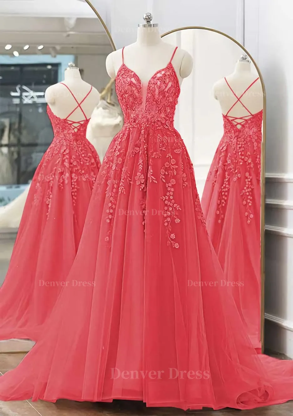 kamahe A-line V Neck Spaghetti Straps Sweep Train Tulle Prom Dress With Appliqued Beading