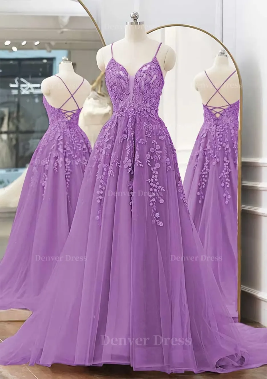 kamahe A-line V Neck Spaghetti Straps Sweep Train Tulle Prom Dress With Appliqued Beading