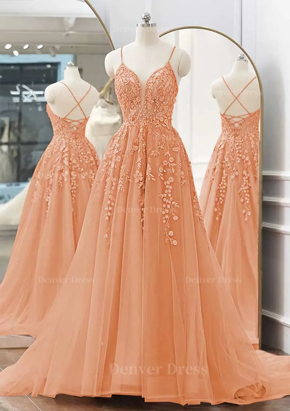 kamahe A-line V Neck Spaghetti Straps Sweep Train Tulle Prom Dress With Appliqued Beading