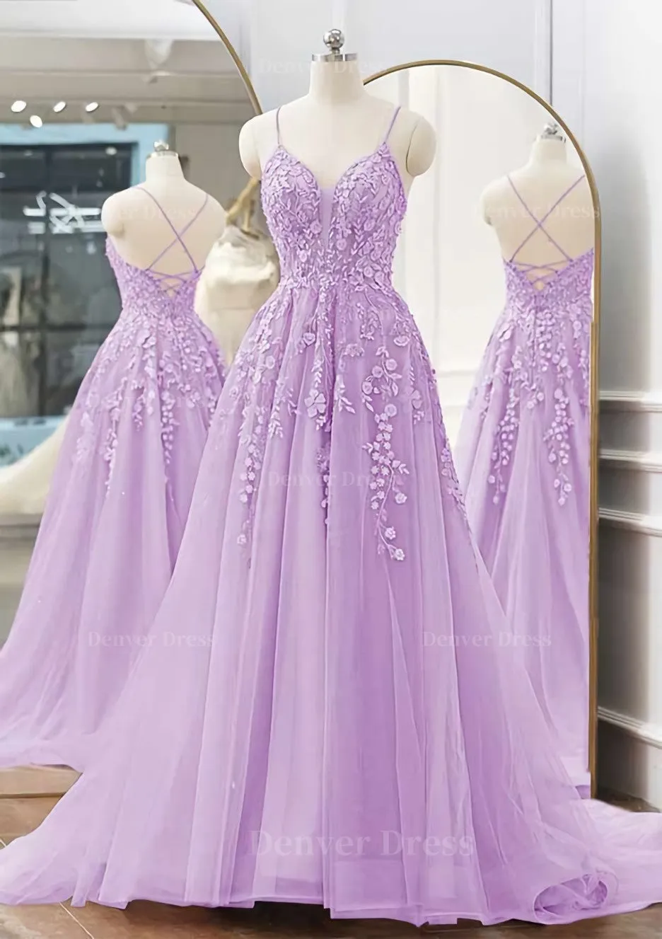 kamahe A-line V Neck Spaghetti Straps Sweep Train Tulle Prom Dress With Appliqued Beading