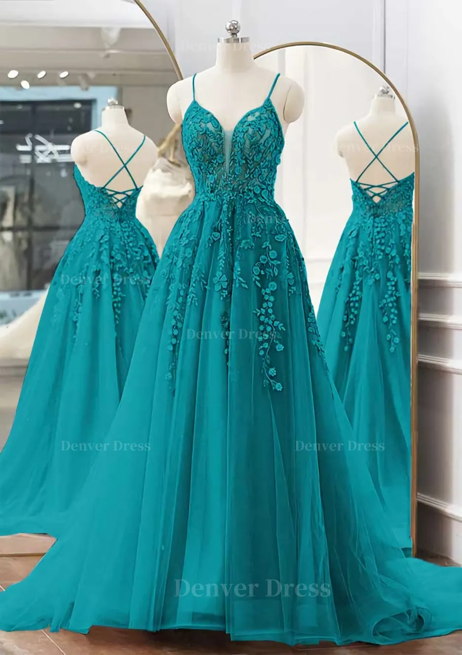 kamahe A-line V Neck Spaghetti Straps Sweep Train Tulle Prom Dress With Appliqued Beading