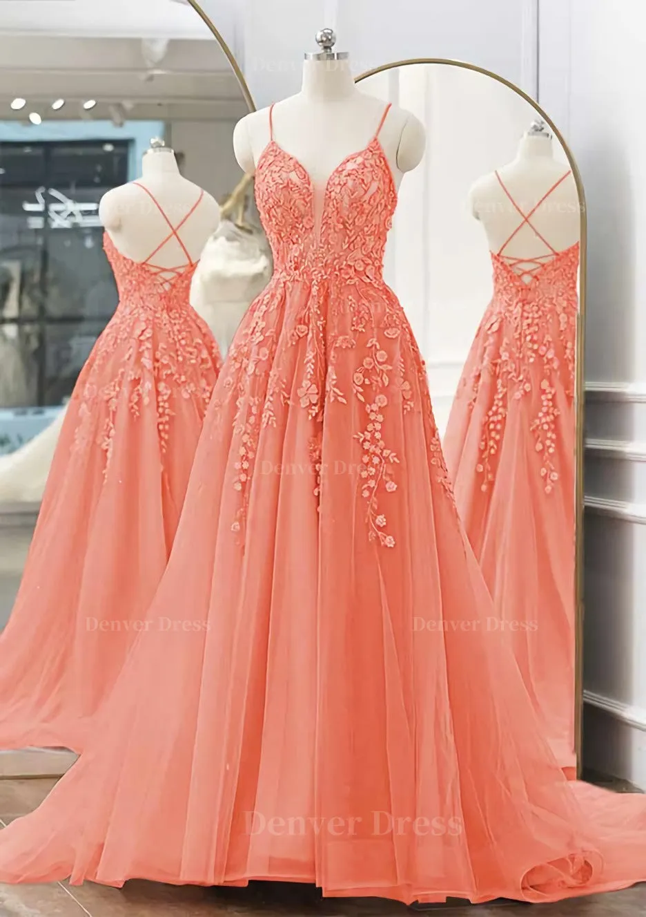 kamahe A-line V Neck Spaghetti Straps Sweep Train Tulle Prom Dress With Appliqued Beading