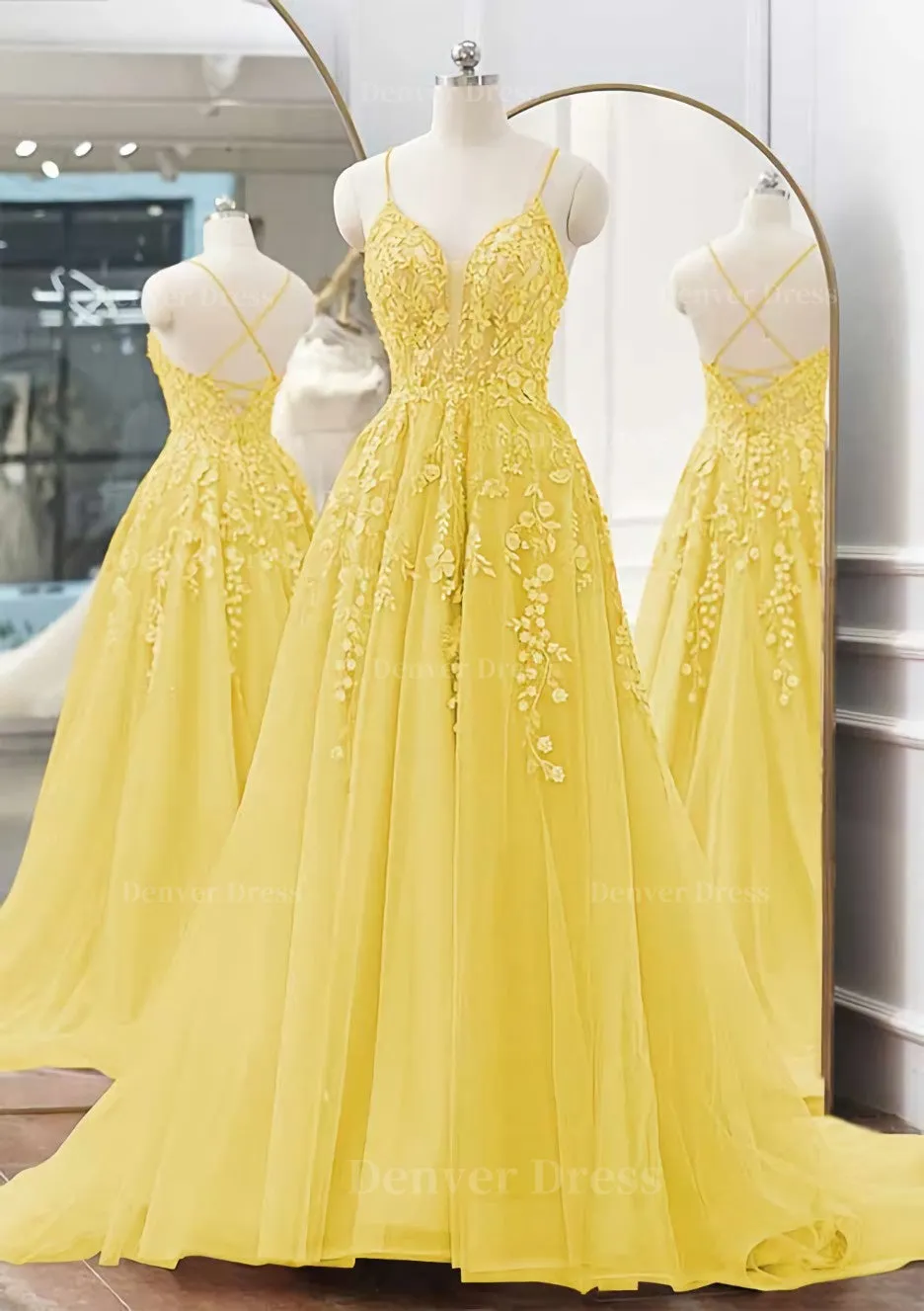 kamahe A-line V Neck Spaghetti Straps Sweep Train Tulle Prom Dress With Appliqued Beading