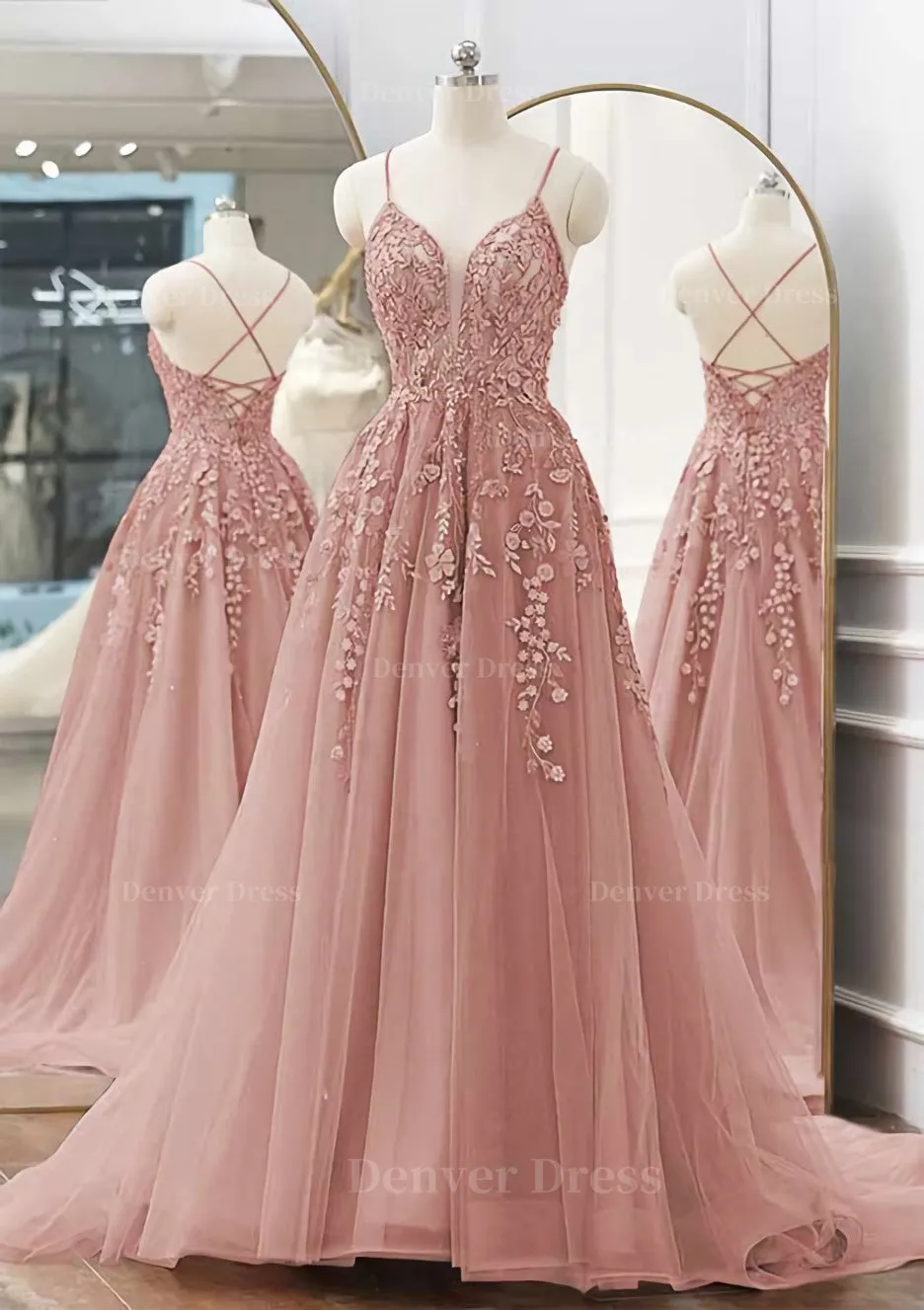 kamahe A-line V Neck Spaghetti Straps Sweep Train Tulle Prom Dress With Appliqued Beading