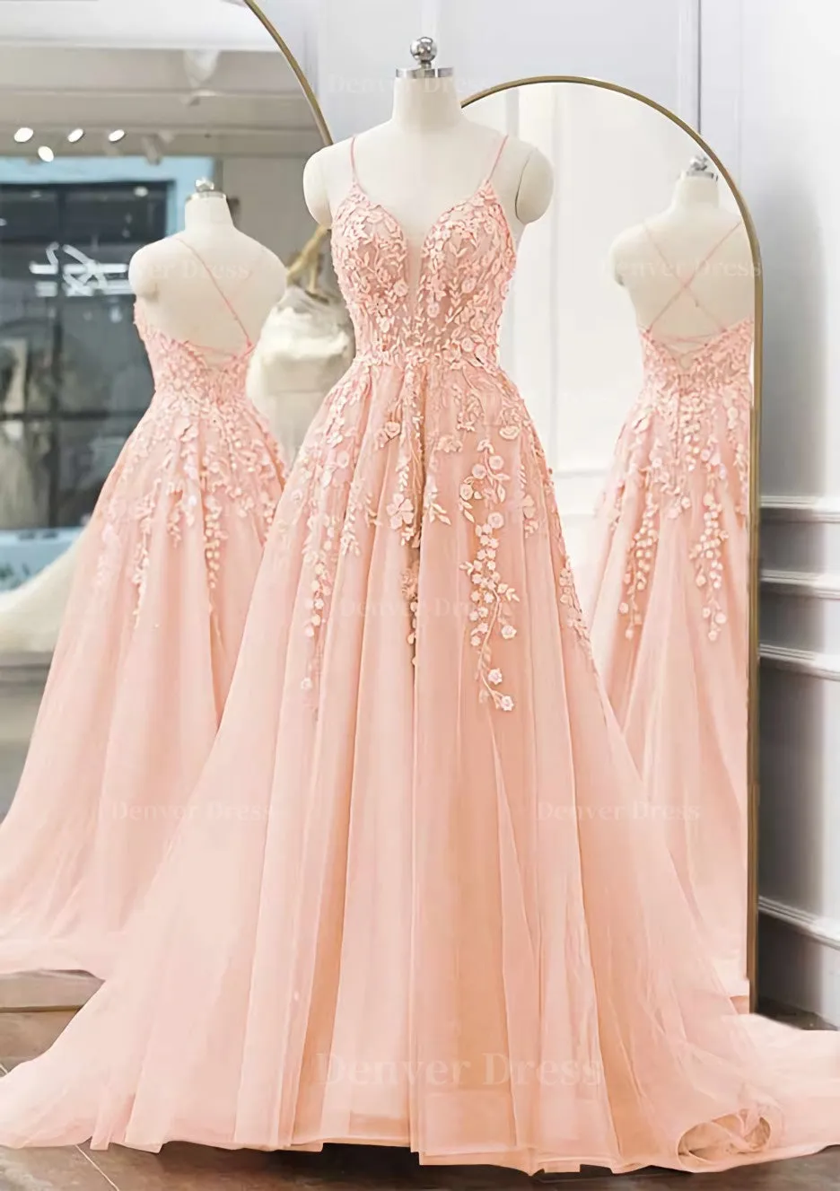 kamahe A-line V Neck Spaghetti Straps Sweep Train Tulle Prom Dress With Appliqued Beading