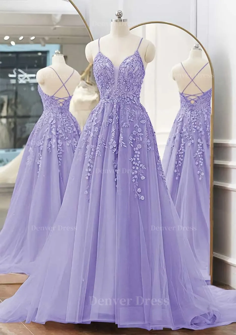 kamahe A-line V Neck Spaghetti Straps Sweep Train Tulle Prom Dress With Appliqued Beading