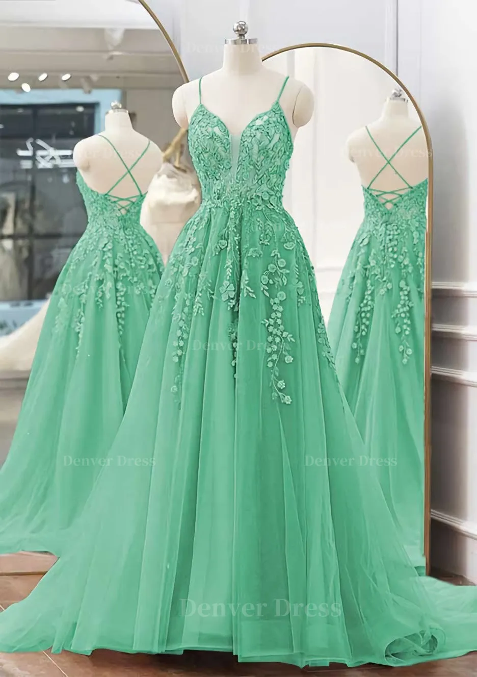 kamahe A-line V Neck Spaghetti Straps Sweep Train Tulle Prom Dress With Appliqued Beading