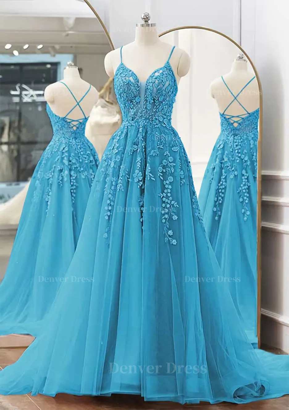 kamahe A-line V Neck Spaghetti Straps Sweep Train Tulle Prom Dress With Appliqued Beading