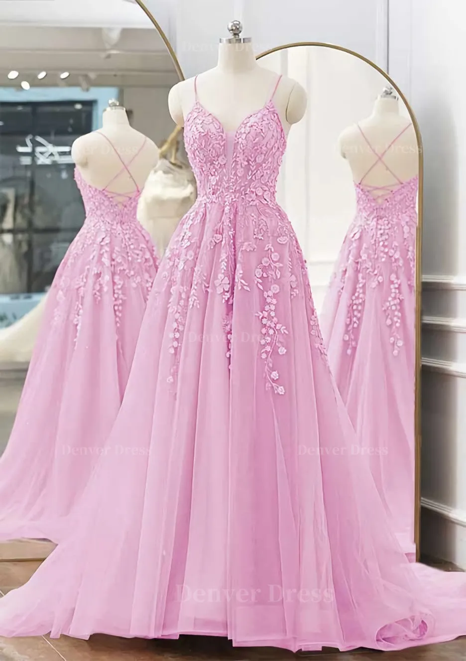 kamahe A-line V Neck Spaghetti Straps Sweep Train Tulle Prom Dress With Appliqued Beading