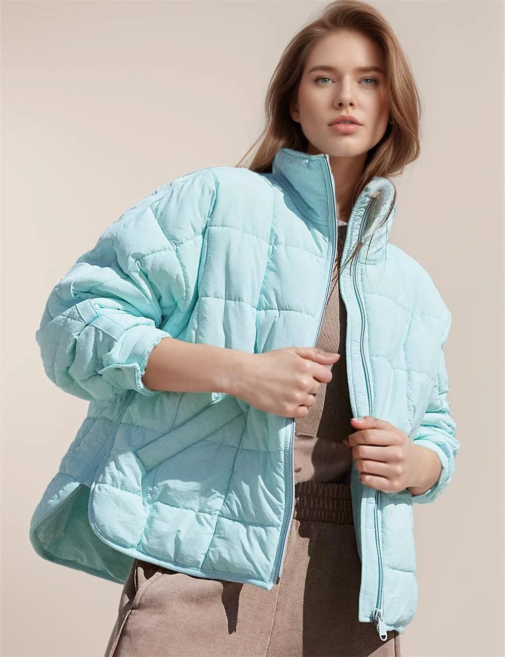 Ladies Soild Color Zip-Up Puffer Jacket SKT606