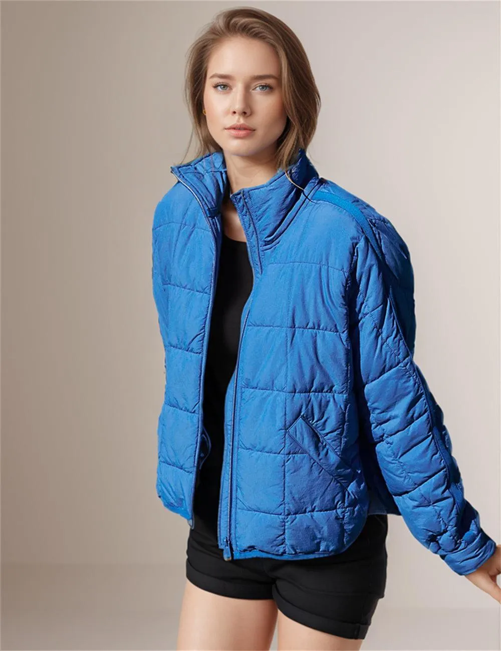 Ladies Soild Color Zip-Up Puffer Jacket SKT606